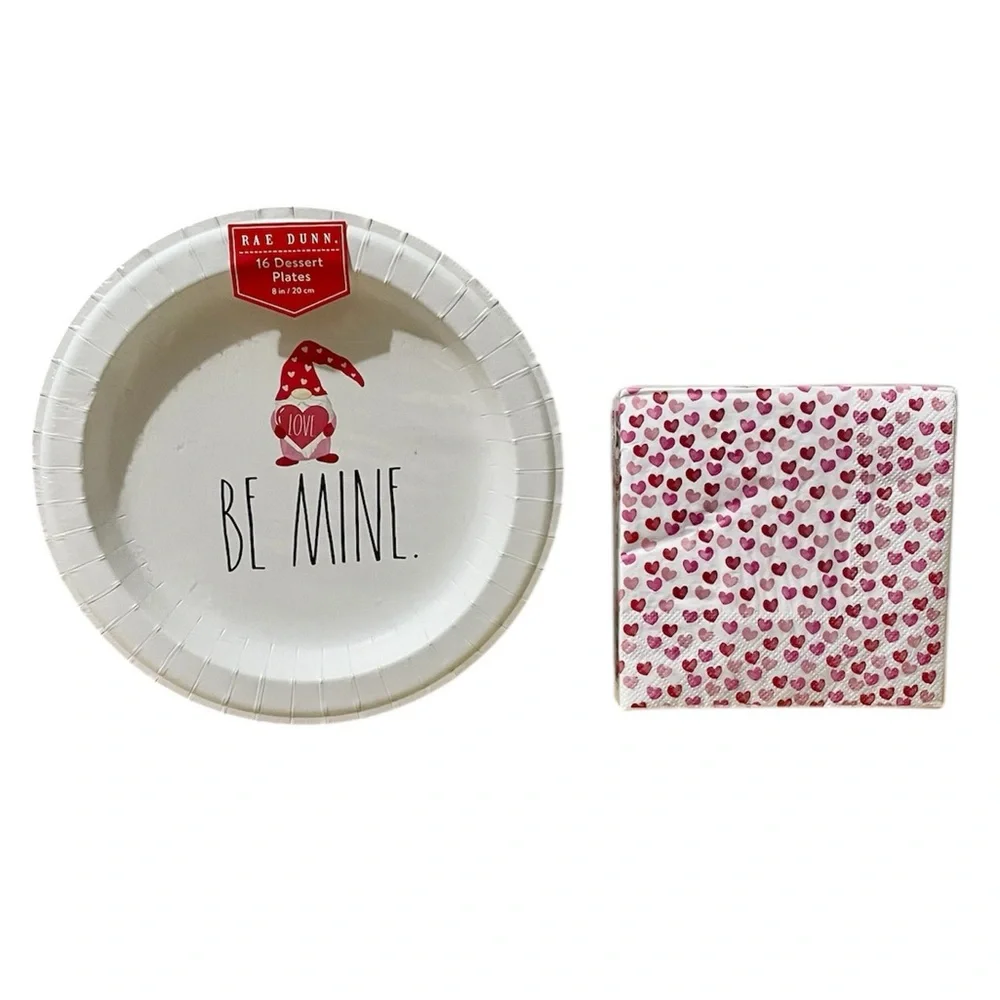 Rae Dunn “Be Mine” Dessert Plates and Lady Jayne Heart Patterns Napkins Set